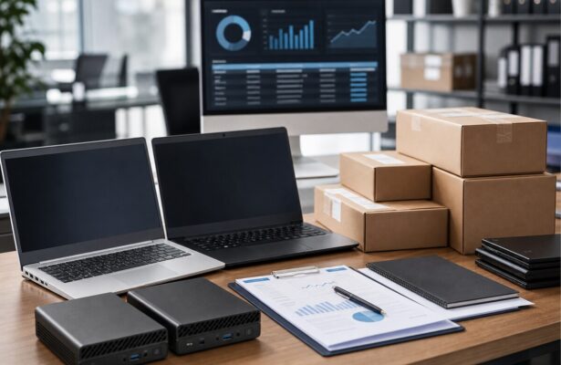 Corporate hardware sourcing desk with business computers and procurement documents